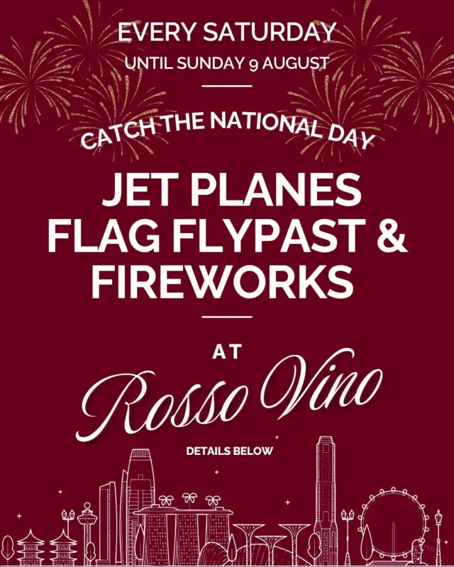Looking for a relaxing spot to dine while catching a glimpse of the National Day entertainment? At Rosso Vino, you can enjoy a partial view of the National Day highlights every Saturday evening, now until Sunday 9 August! 🎇

To make the evening even better, enjoy our daily Happy Hour from 4 PM to 7 PM, with 1-for-1 cocktails and draught beers. Grab a drink (or two) before sitting back to catch the flypast and fireworks!

🗓️ Dates
NDP Previews: Sat 25 Jul & Sat 1 August 
NDP 2026: Sun 9 Aug

⏰ Estimated Schedule
State Flag Flypast: 6.45 pm
Short Fireworks: 7:10pm
Finale Fireworks: 9:10pm
.
𝗥𝗼𝘀𝘀𝗼 𝗩𝗶𝗻𝗼 | 𝗔𝘂𝘁𝗵𝗲𝗻𝘁𝗶𝗰 𝗜𝘁𝗮𝗹𝗶𝗮𝗻 𝗖𝘂𝗶𝘀𝗶𝗻𝗲 & 𝗪𝗶𝗻𝗲 𝗕𝗮𝗿
📍 Located in Robertson Quay. 15 Merbau Rd, #01-03, Singapore 239032
📞 +65 67337735
🔗 Link in bio for reservations and menu
.
.
#ItalianFood #SingaporeRestaurants #SGRestaurants #ItalianRestaurantsSingapore  #NationalDaySingapore