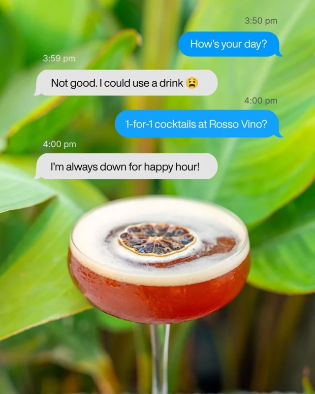 Happy Hour at Rosso Vino is always a good idea. Every day from 4pm to 7pm, enjoy 1-for-1 cocktails and draught beers while you people-watch along the Singapore River and catch the sunset.

The 𝗠𝗶𝗹𝗮𝗻𝗼 cocktail pictured here is made with whiskey, Aperol, Amaro Averna and lemon juice. But whichever drink you choose, you can count on good drinks, riverside views and nowhere else you need to be.
.
Rosso Vino | Authentic Italian Cuisine & Wine Bar
📍 15 Merbau Rd, unit 01-03, Singapore 239032
📞 +65 6733 7735
🔗 Link in bio for reservations & menu
.
.
#SingaporeFoodie #SingaporeCocktails #HappyHourSG #RobertsonQuay
